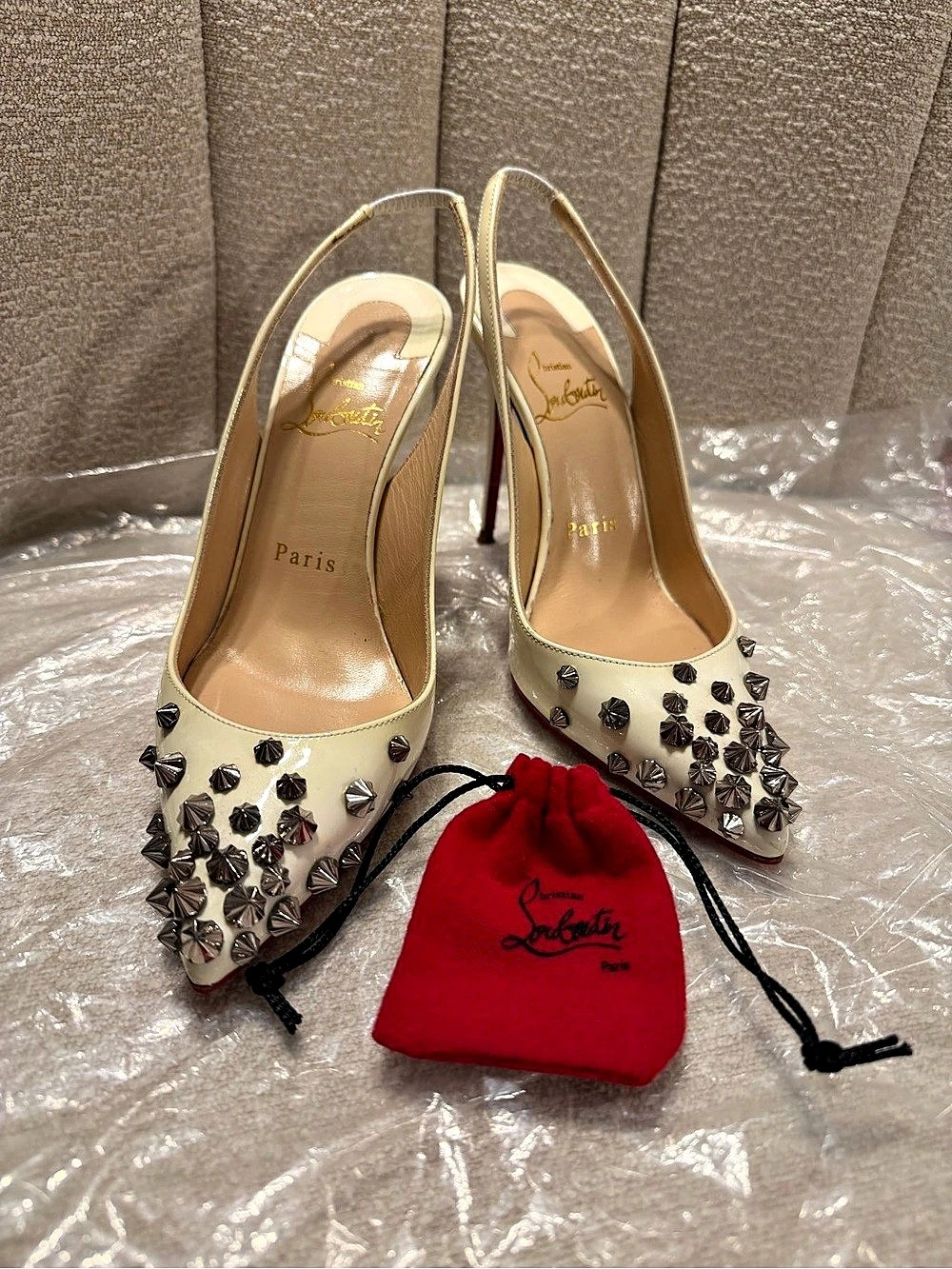 Christian Louboutin Studded Slingback Heels in Cream & Red